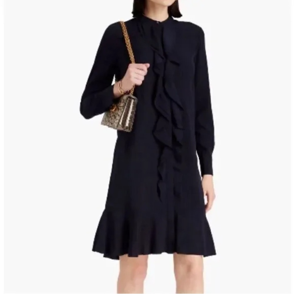 NWT Tory Burch Womens Jane Shirt Dress Size 4 Navy Blue Ruffle Crepe de chine